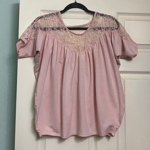Dusty pink, lace, open back top.